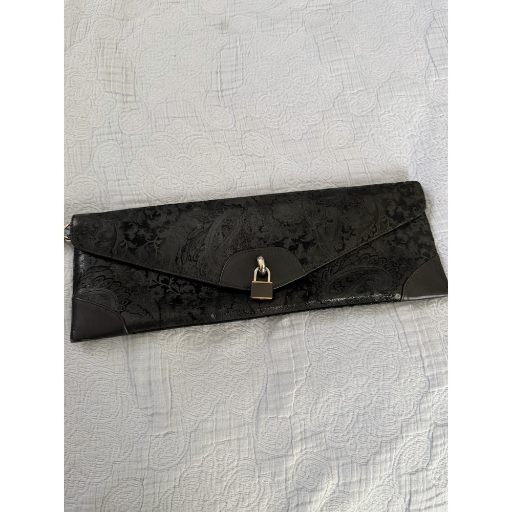 Miss Mak Vintage 90s Boho Y2K Black Leather Padlock Paisley Chain Clutch Bag - Picture 2 of 10